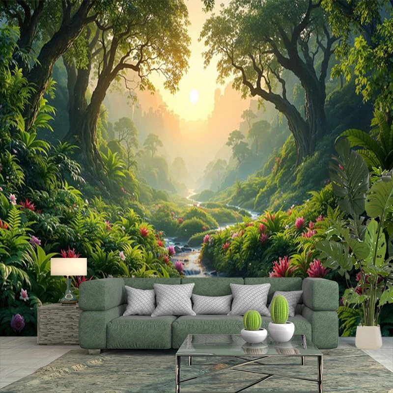 1PC Forest Sunrise River Floral View Print Backdrop Banner, Bedroom Living Room Photo Background, Polyester, Home Decor, Wall Ar