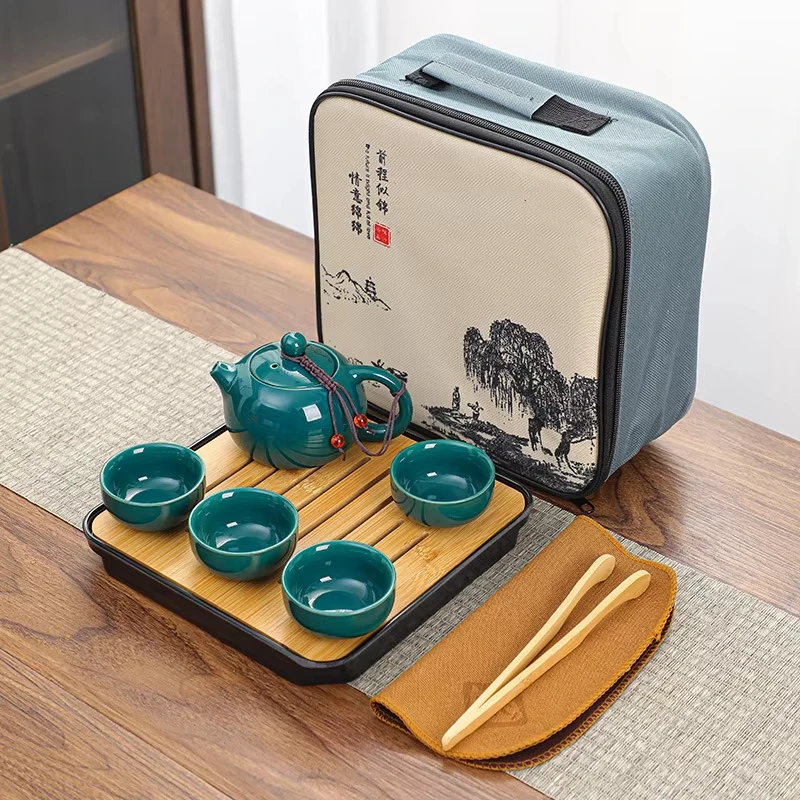 Chinese Kung Fu Travel Set, Ceramic Portable Teapot, Porcelain Teaset, Gaiwan Tea Cups, Tea Tool with Travelling Bag, 4 Cups view 3