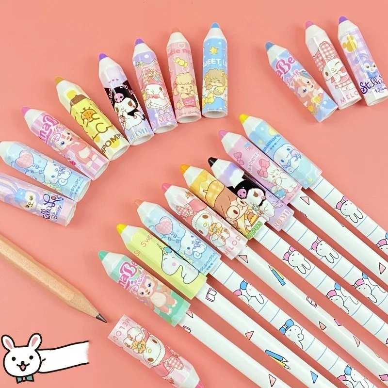 4Pcs Sanrio Pencil Cap Kawaii Hellokitty Mymelody Kuromi Student Cartoon Pen Cover Extender Pencil Case Grip