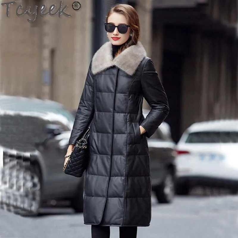 Tcyeek Winter Genuine Leather Jacket Women Warm Mink Fur Collar Mid-long Sheepskin Coats Woman Clothing 90% White Duck Down Coat