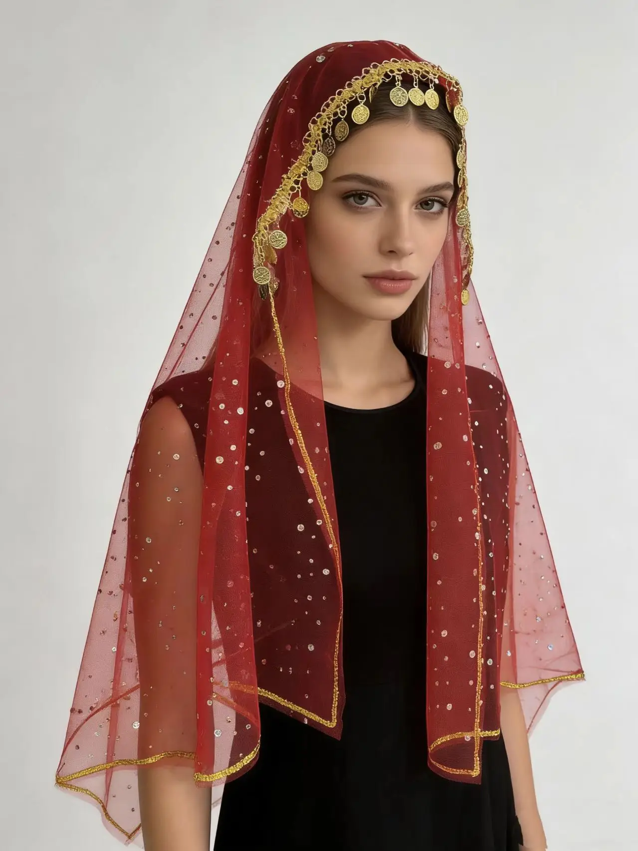 

Red Middle Eastern Style Dance Headdress with Tassel Sequin Design Indian Dance Accessory Breathable Thin Veil Suitable for Danc