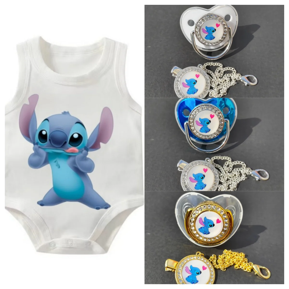 Kawaii Stitch Baby pacifier Clip Chain Baby Shower Gift Silicone newborn mannequin BPA-Free Toddler tooth Zircon baby tether set