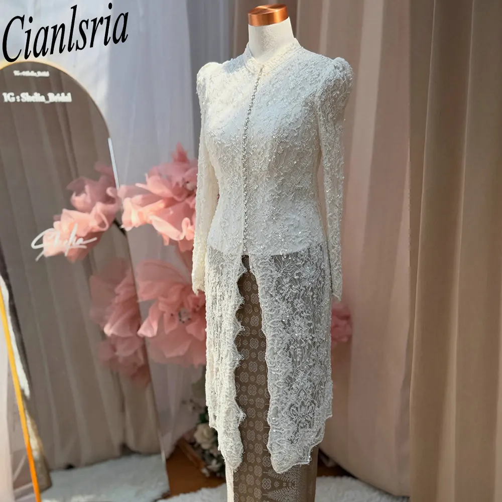 Long Sleeve Lace Beaded Midi Bridal Cape Jacket White Pearl Button Front Wedding Overcoat Vintage Bridal Cover For Wedding