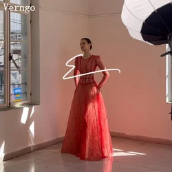 Verngo Red Lace Evening Dress O Neck Full Sleeves A Line Formal Occasion Dress Elegant Modern Prom Gowns Customized