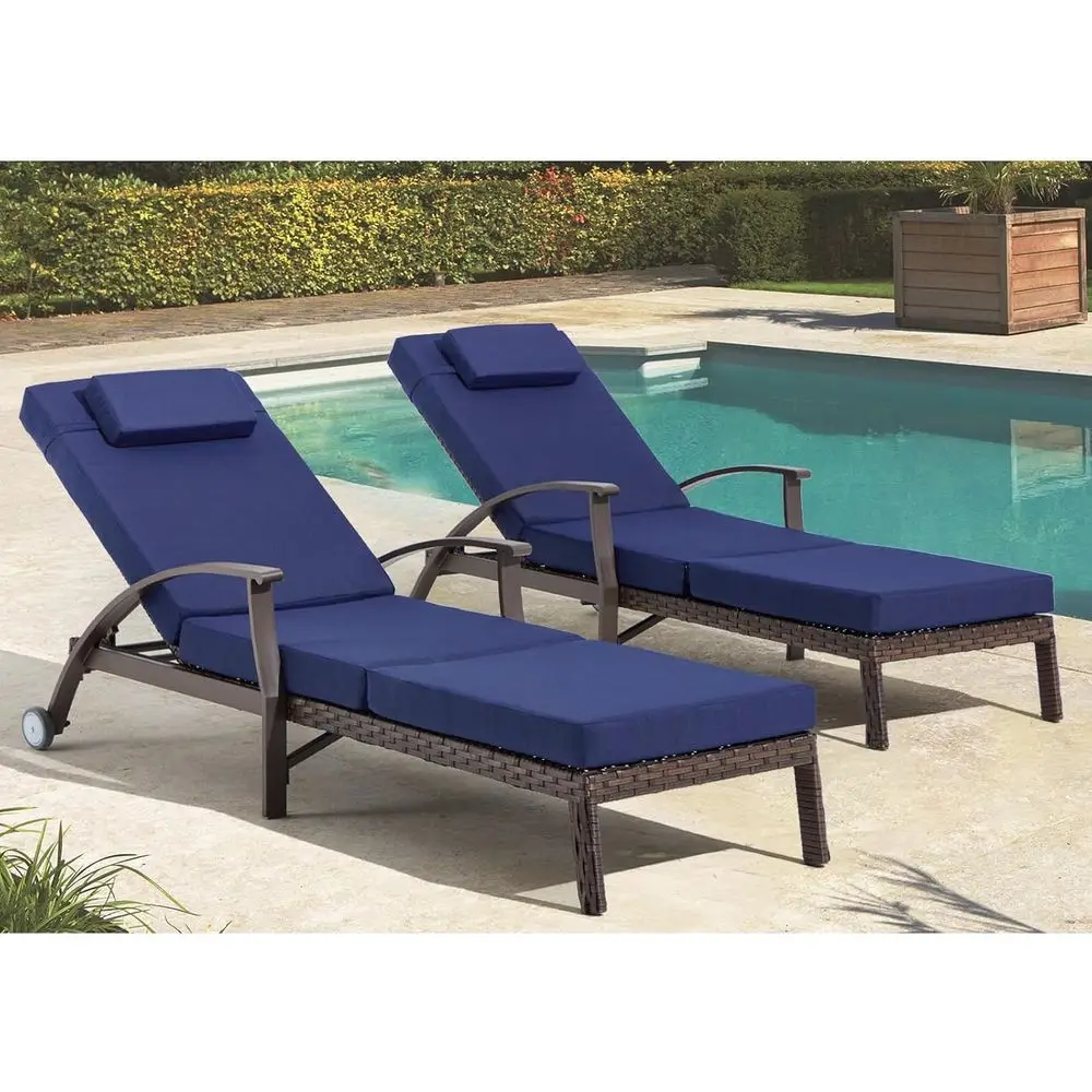 

2-Piece Outdoor Chaise Lounge Set, Blue Wicker Reclining Chairs with Adjustable Backrest for Patio, Poolside, or Lawn