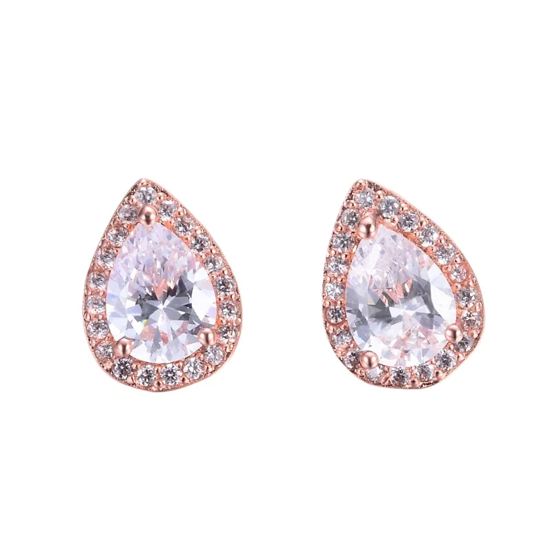 European and American New Rose Gold and White Zircon Droplet Shaped Earrings, Simple and Personalized Jewelry Accessories