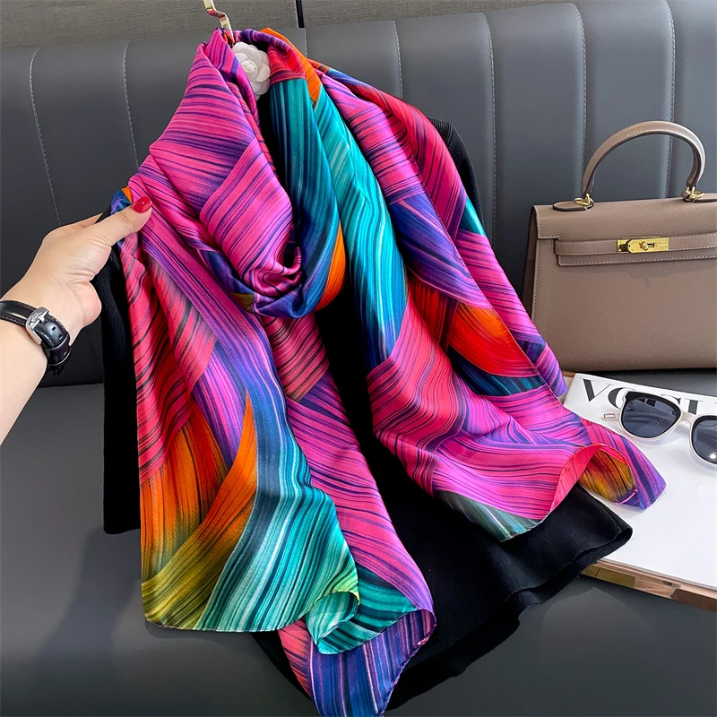 Fashion 180x90cm Satin Silk Scarf Women Luxury Large Shawl Wrap Muslim Hijab Headband Beach Stoles Female Bandana Foulard Turban