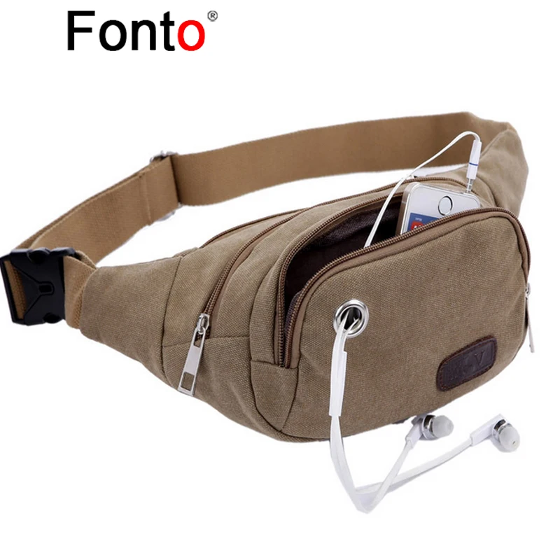 Fonto Men Women Waist Bag pack Purse Casual Hiking Travel Phone Belt Bag Pouch Canvas Phone Bag with Earphone hole