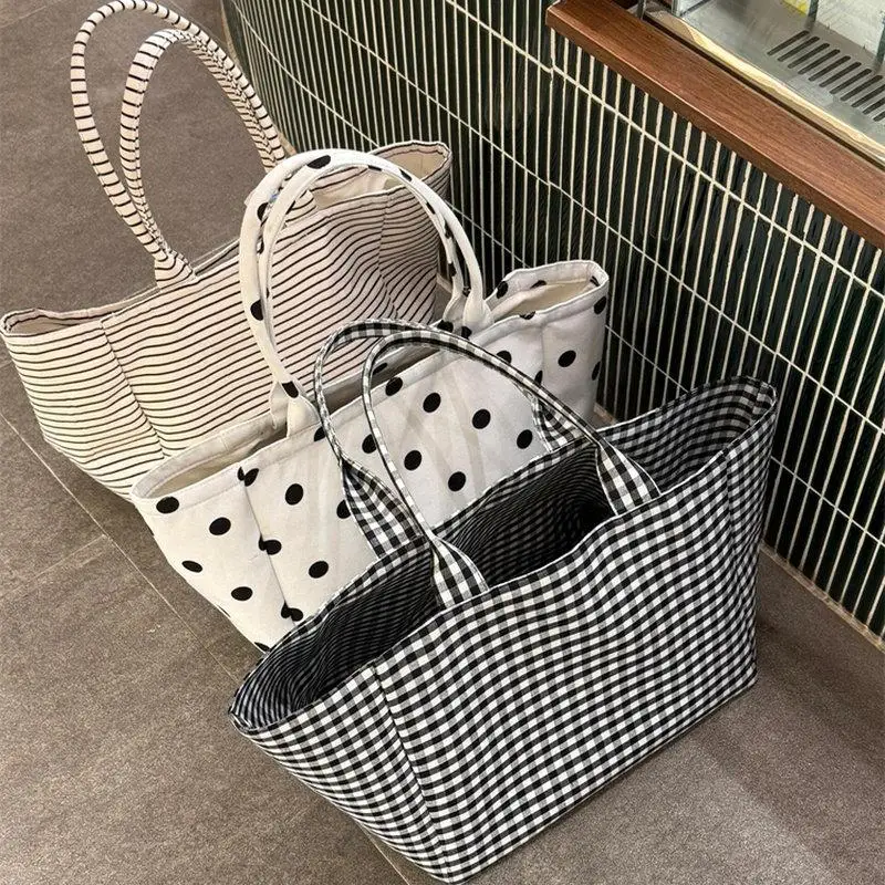 2026 New Summer Lazy Style Cute Polka Dot Canvas Bag Korean Ins Early Eight Commute Large Capacity Tote Handbag for Women