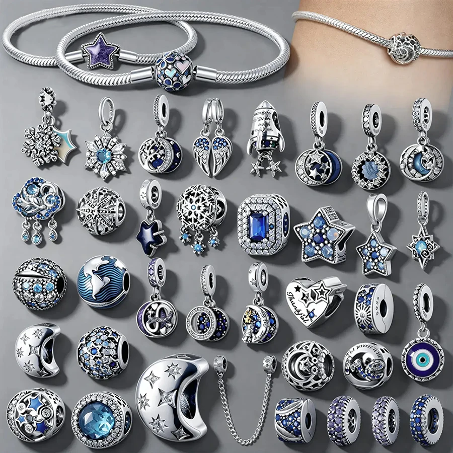 

Silver Plated Starry Sky Charm for Bracelet DIY Jewelry Making Moon Star Snowflake Earth Evil Eye CZ Pendant Bead for Women Gift