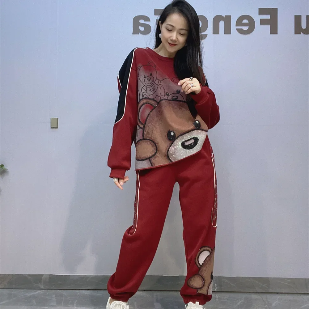 Loose Winter Thick Velvet Two Piece Sets Womens Outifits Cartoon Bear Diamonds Casual O Neck Hoodies Long Pants Костюм Женский