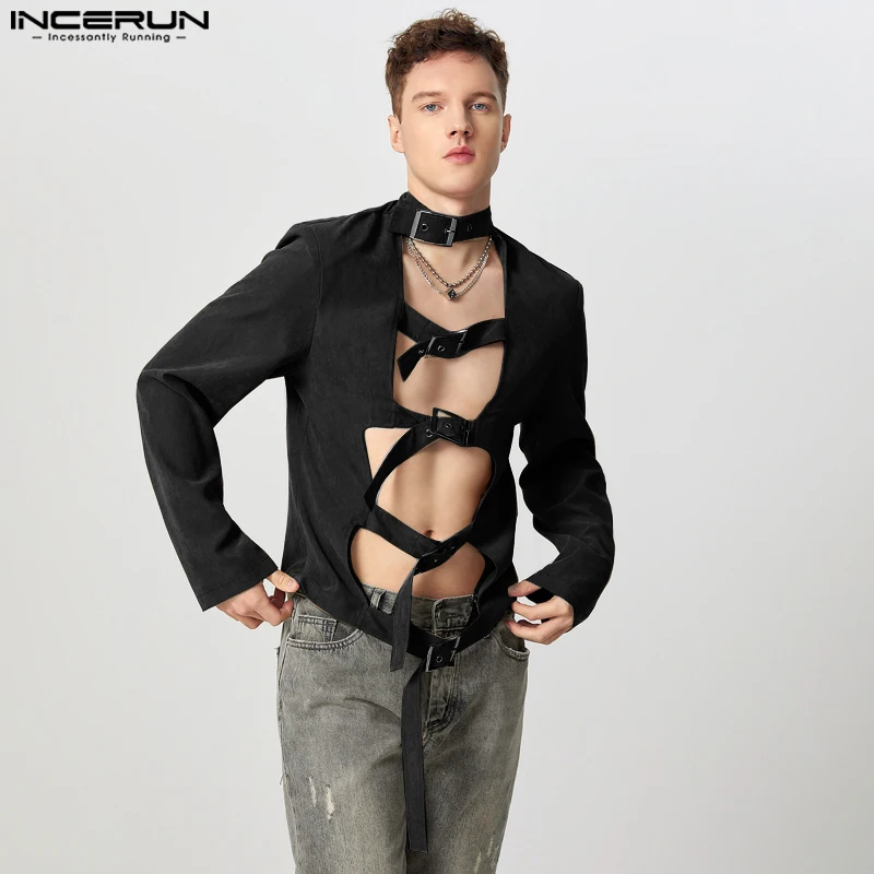 Mode Casual Style Y-INCERUN Hommes Métal strucDeconFumDesign Chemises Sexy Mâle Solide Creux À Manches sulfBlouse S-5XL