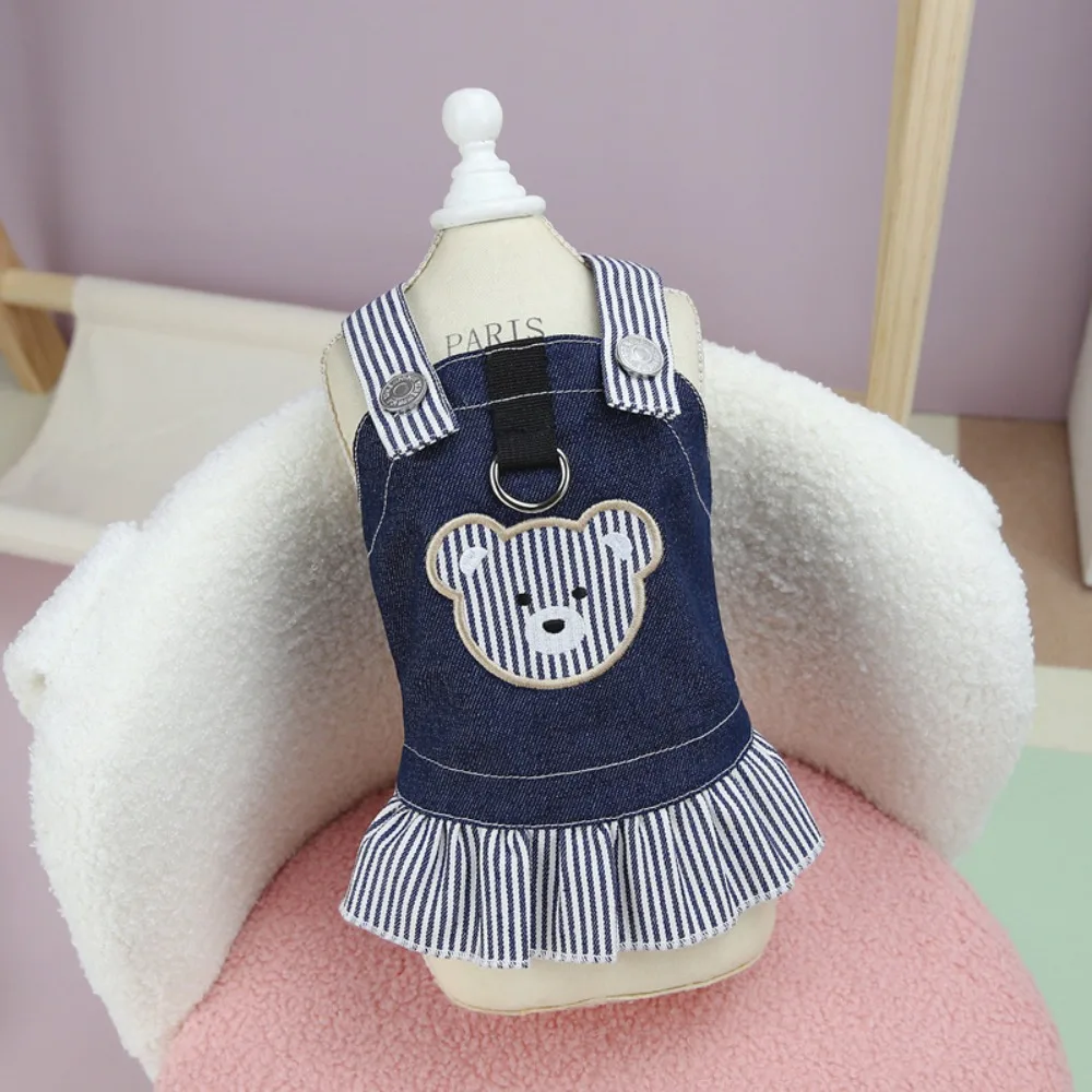 

Cat Apparel Cute Pet Strap Denim Skirt Soft Breathable Pet Bear Stripe Dress Thin Design Pet Chest Strap Autumn