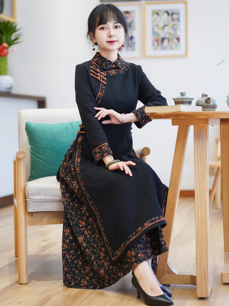 

Young Women's Long Dr Waist-Cinching Ethnic Sle Vintage Chinese Faion Cotton Blend Sve Long Daily Wear