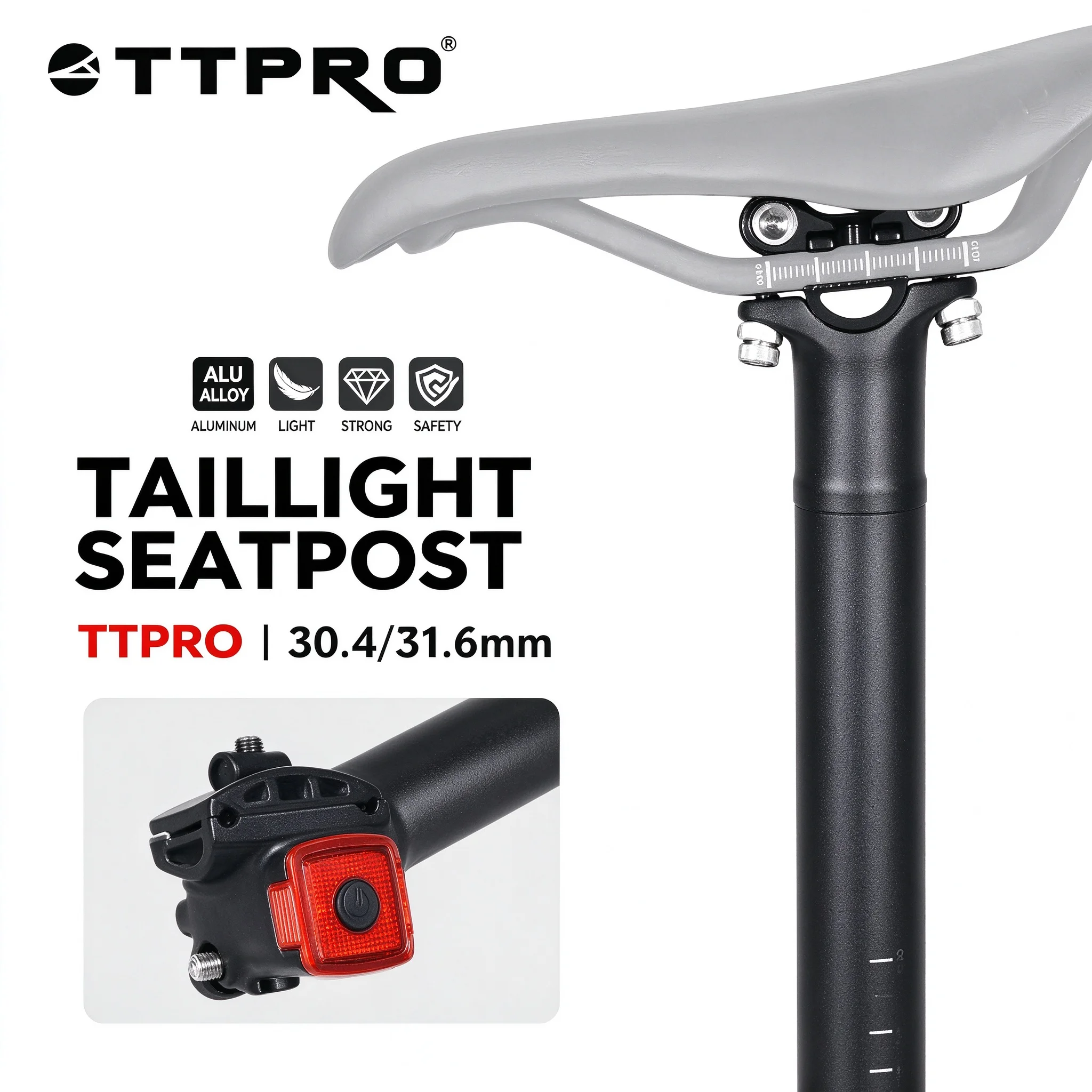 TTPRO Bike Seatpost with Rear Tail Light, Aluminum Adjustable Angle Bicycle Seat Tube 30.4 31.6mm MTB Road Saddle Post