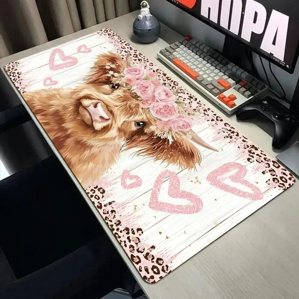 Pink Roses and Highland Bull Mouse Pad Desk Mat with Stitched Edge XXL Mousepads Rubber Anti-slip Gamer Keyboard Rug Gaming Mats