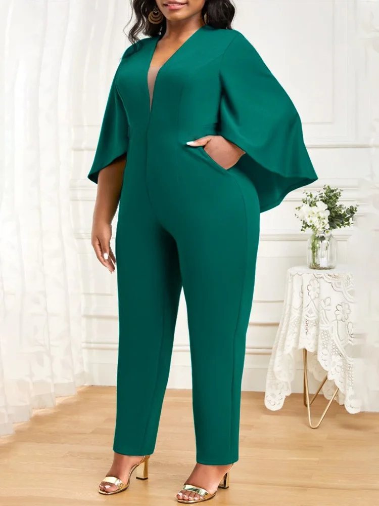 Wmstar Plus Size Romper kobiety solidne rozkloszowane pół rękaw V dekolt legginsy damskie damskie kombinezon biurowy Dropshipping bez paska