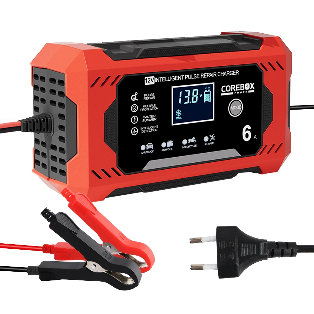 

Car Battery Charger 12V 6A EU US Plug Smart Pulse Repair Lead-acid Battery Motorcycle Battery Charging Device LCD Display