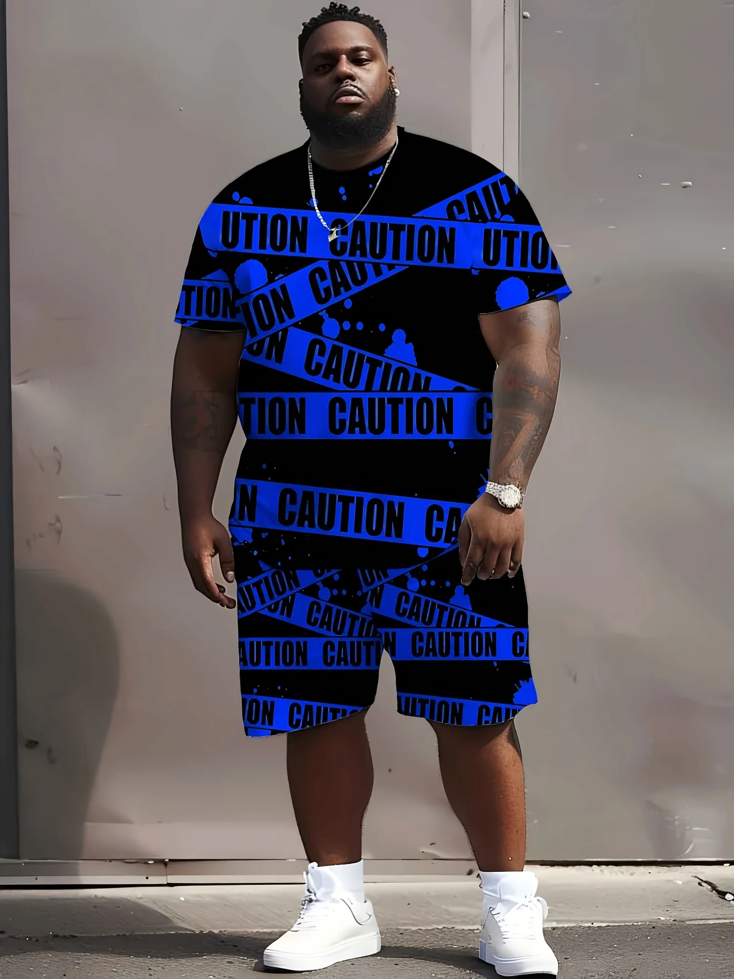 

2piece set of plus size men's streetwear, warning tape pattern print, summer hot selling casual and sports clothing