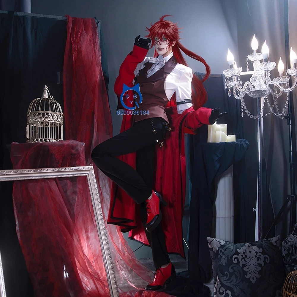 Hot Black Butler Cosplay Costume Anime Grell Sutcliff Role Playing Red Uniform Outfit Men Comic Con Halloween Party Suits Wig view 3
