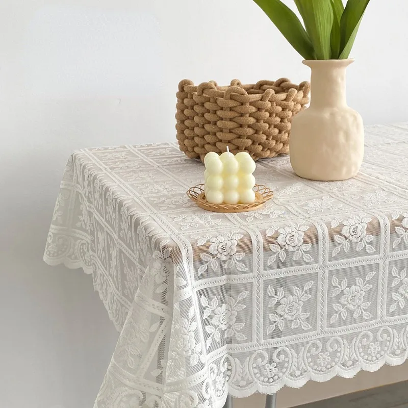 

Retro Lace Tablecloth Rectangular Coffee Dining Table Cover Wedding Party Decor Dustproof Fresh Floral Embroidered Table Cloth