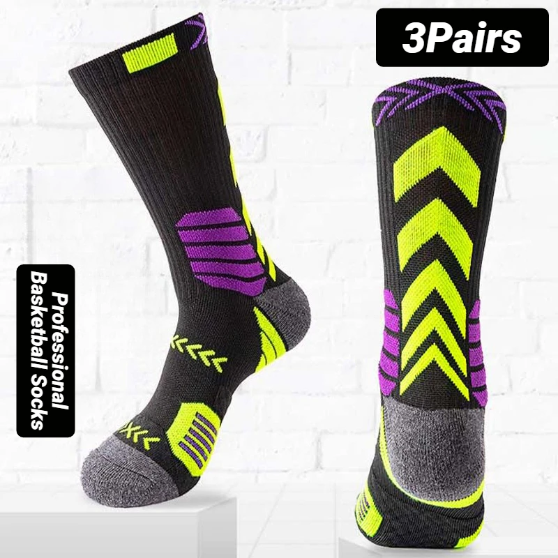 3Pairs Sport Running Socks Athletic Breathable Mesh Thick Compression Basketball Sweat Absorb Professional Cycling Fitness