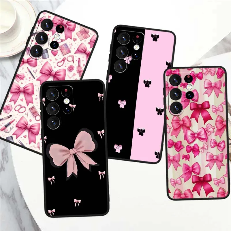 Cartoon Bow Cover For Samsung Galaxy S26 S25 S24 Plus Ultra Lite Soft Black Straight Edge Phone Case Cover