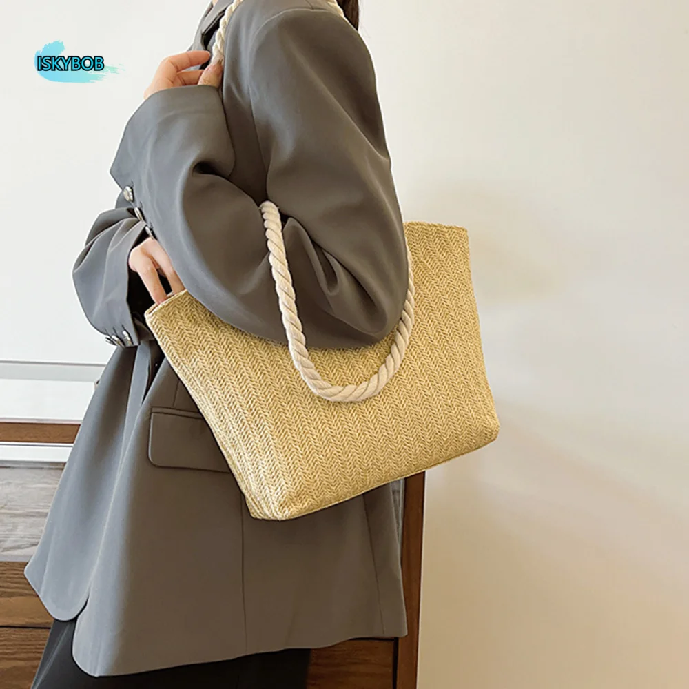 

Fashion Bohemian Straw Tote Bag Solid Color Large Capacity Beach Handbag Versatile Spacious Underarm Shoulder Bag Shopping