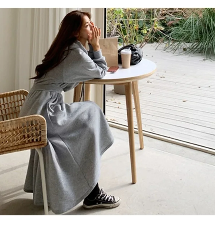 Koreanischer Stil, Herbst-Winter-Kapuzen-Sweatshirt-Kleid, Übergröße, tailliert, einfarbig, langes Kleid für Studentinnen und Frauen, lässig – Detail 13