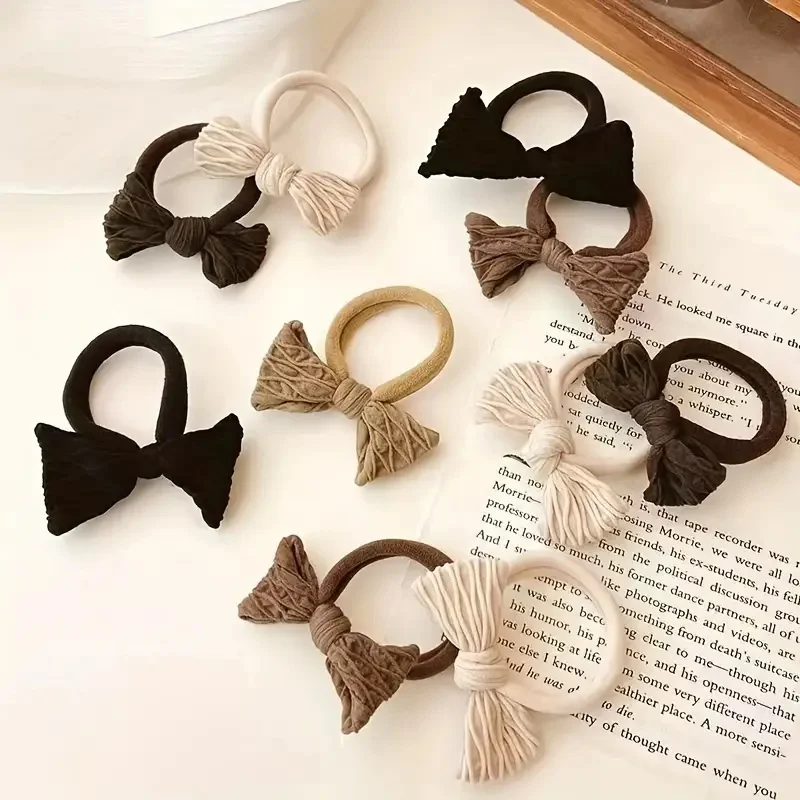 10-teiliges süßes Haargummis-Set mit Schleife für Frauen, hochelastischer Stoff, Pferdeschwanzhalter mit einfarbiger Schleife, Haar-Accessoires – Detail 3