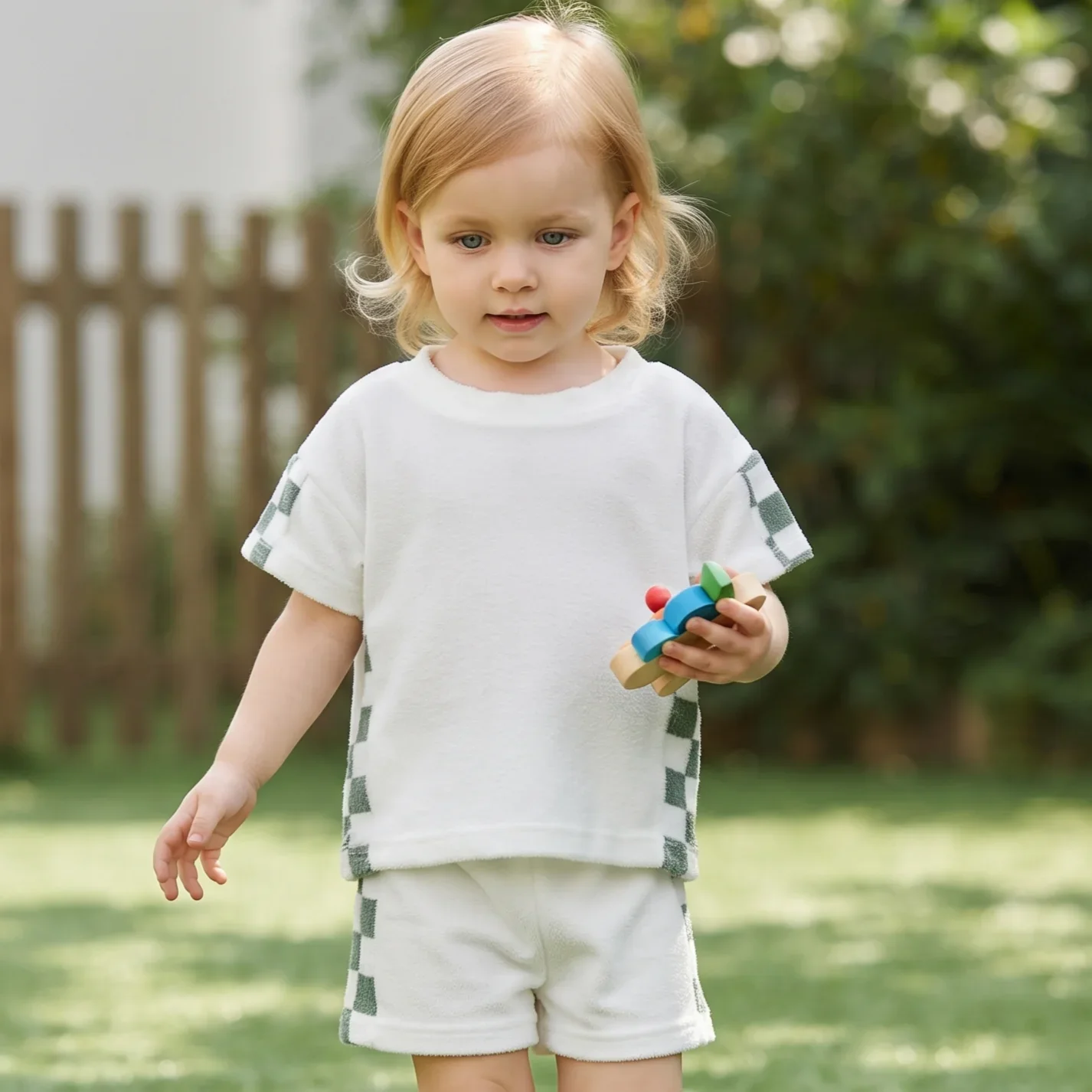 2Pcs Summer Children's Green and White Checkerboard Pattern Shorts Short Sleeve Suit Boy Top Girl Short Casual Style Set 0-3Y