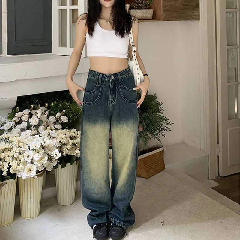 

Straight Wide Leg Cargo Jeans Women Distressed Mopping Baggy Trousers for Woman Y2K Streetwear Loose High Waisted Jeans Female