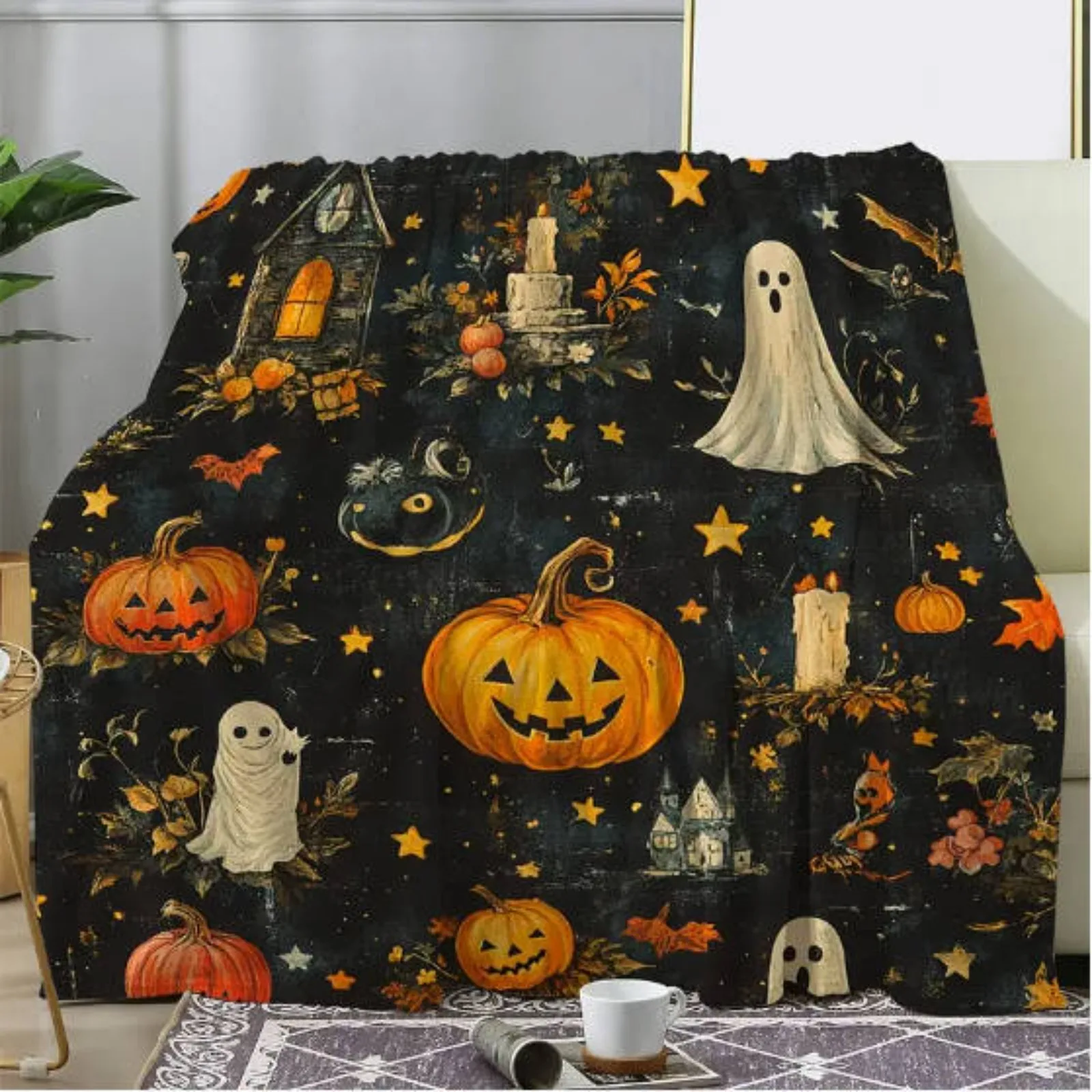 Retro Halloween Flannel Blanket - Soft And Comfortable Ghost And Pumpkin Design, Perfect for Sofa, Bed, Workplace, Travel, Holiday Gift - Suitable for All Seasons, Digital Print, Made of 100% Polyester, 250-300Gsm