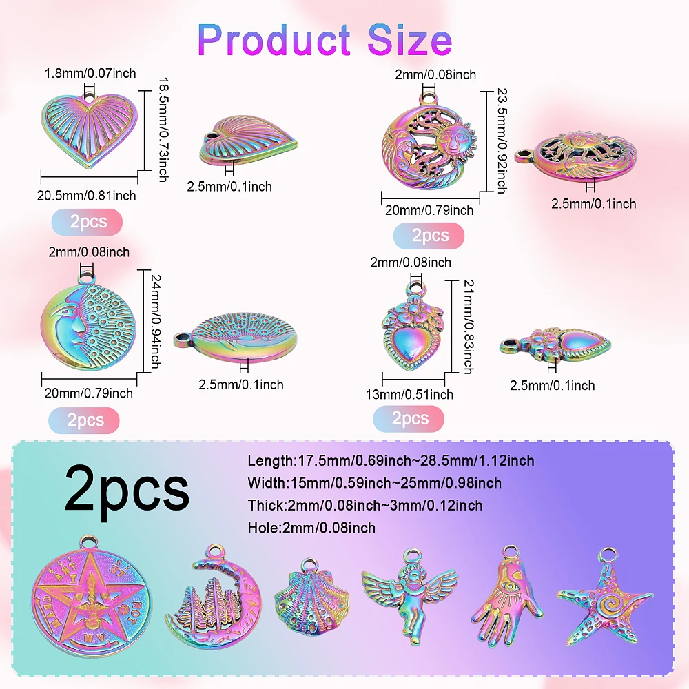 

20Pcs 10 Styles 304 Stainless Steel Pendants Angel Starfish Shell Rainbow Color 17.5~28.5x13~25x2~2.5mm Hole: 1.8~2.5mm
