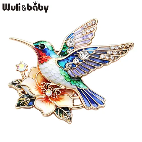 Wuli&baby Beautiful Flower And Hummingbird Brooches Pins For Women Unisex 5-color Charming Animal Birds Party Causal Brooch Pin
