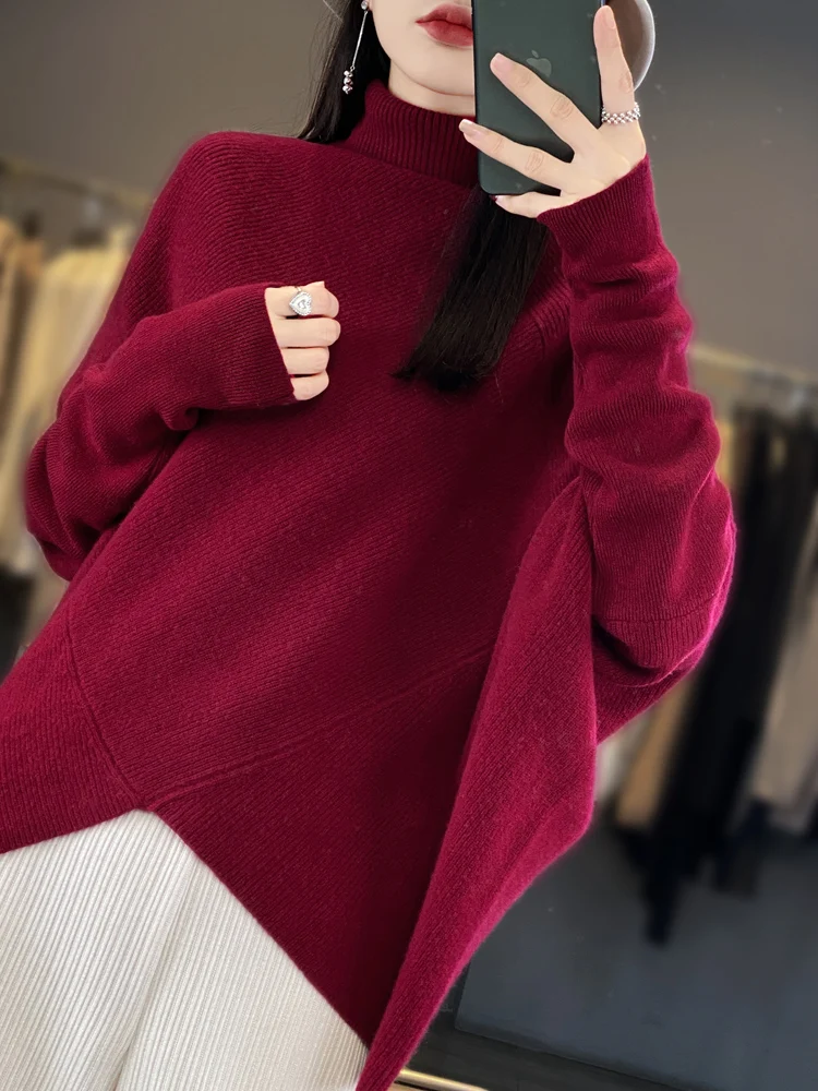 Women\'s Turtleneck Wool Sweater, Female, Skin-friendly, Loose Thick Bat, Irregular Sweater, Monochromatic, Autumn and Winter, Ne