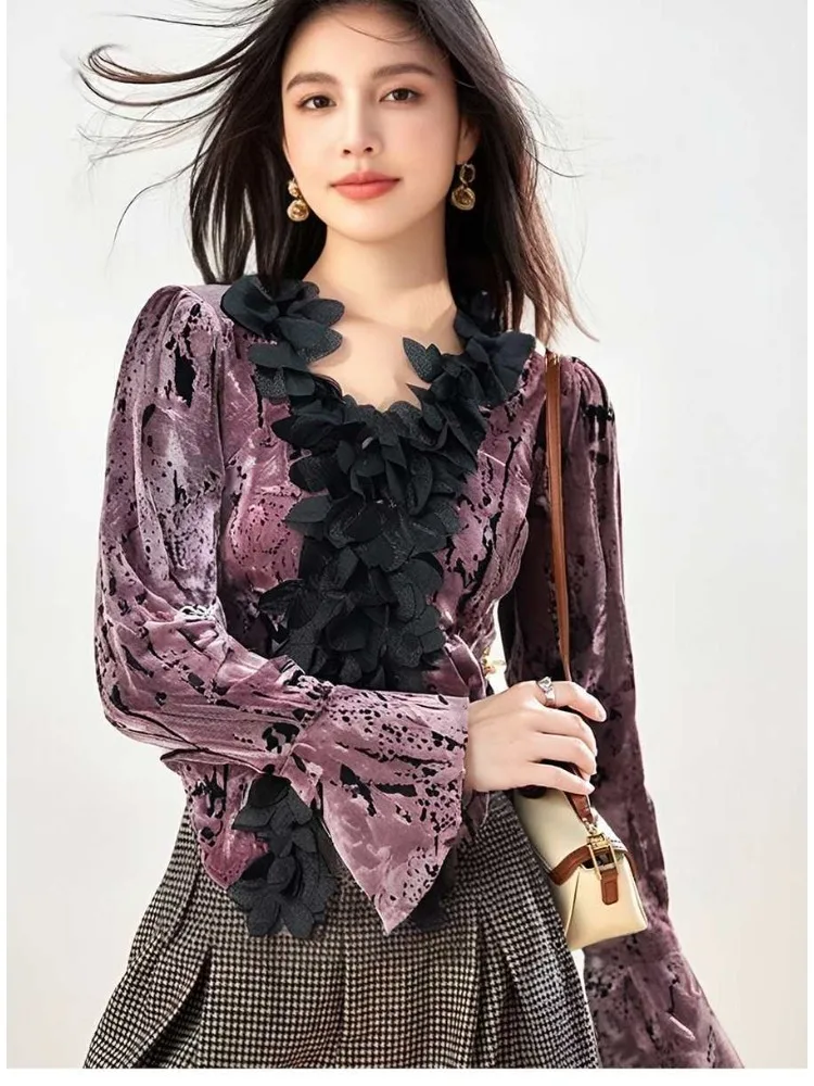 

French Vintage Blouses V Neck Flare Sleeve Tie Dye Patchwork Crop Tops Velvet Female Slim Design Shirts 2025 New Women Clothing