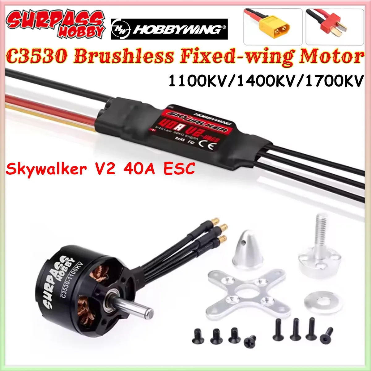 

Бесколлекторный двигатель SURPASS HOBBY C3530 и регулятор скорости Skywalker V2 40A (1100/1400/1700KV) с разъемом T/XT60 для радиоуправляемых самолетов и FPV дронов