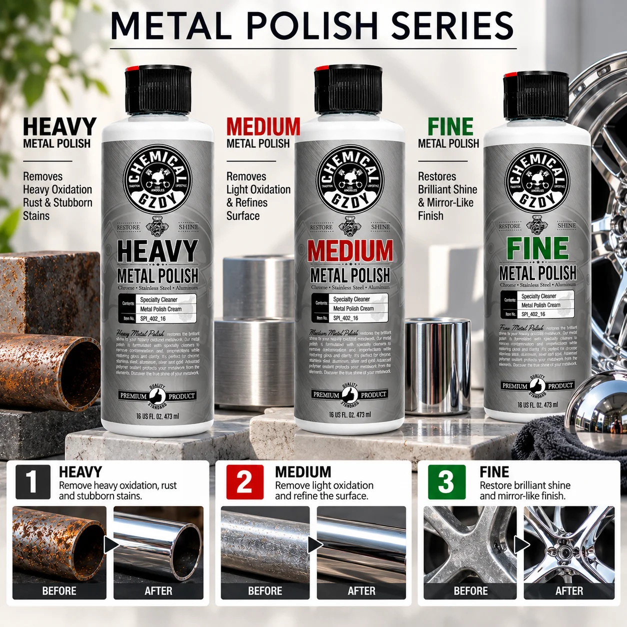 3PCS Metal Polish Set – 3-Step Cream, Remove Rust & Oxidation, Restore Shine for Chrome, Stainless Steel & Aluminum