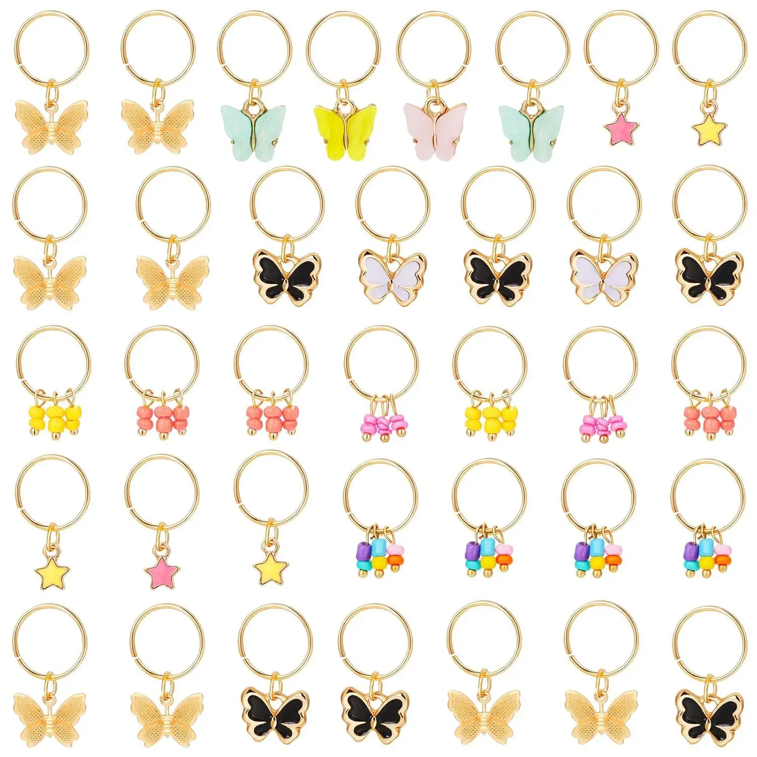 18pcs Mixed Butterfly Star Hair Braid Beads Dreadlock Beads Ring Braiding Hair Bohemian Braid Hair Styling Tool Accessories