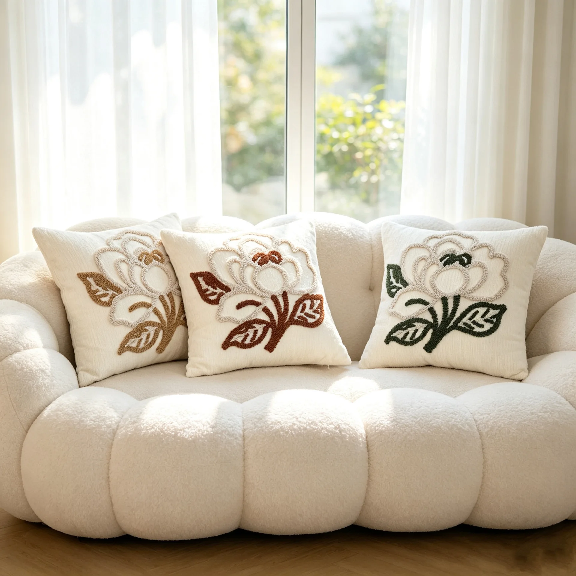 Luxurious Chenille Tufted Cushion Cover 45x45cm Floral Embroidery with Hidden Zipper, Soft Velvet Feel for Couch & Bedroom
