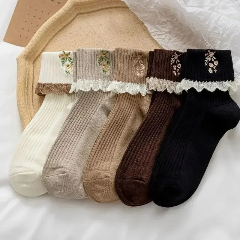 5pairs Japanese Kawaii Socks JK Lolita Lace Frilly Ruffle Socks Women Fashion Flower Embroidery Harajuku Retro Vintage Crew Sock