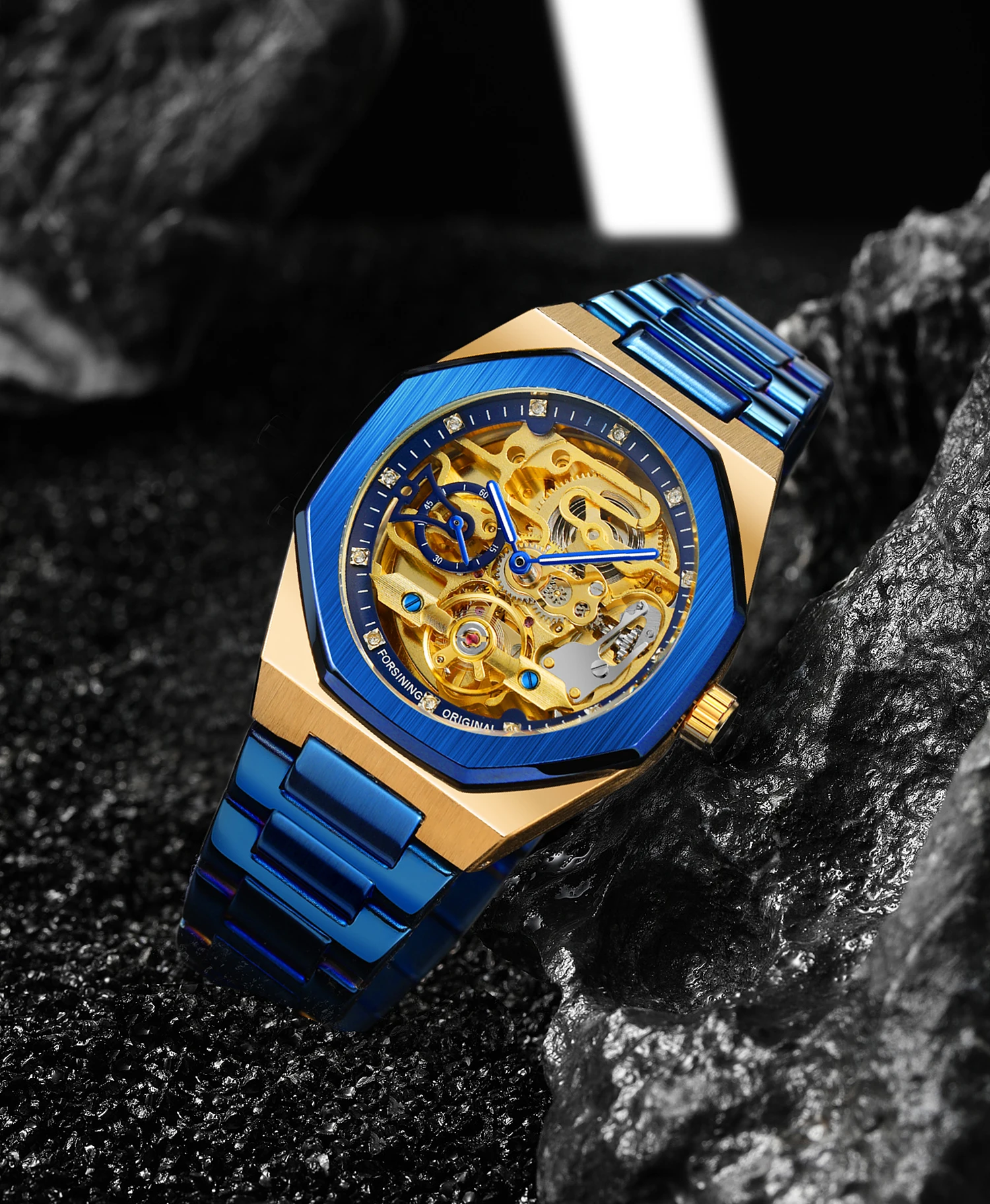 FORSINING Trendy Polygon Men Skeleton Automatic Mechanical Watch Rhinestone Watch Stainless Steel Formal Business Man Wristwatch