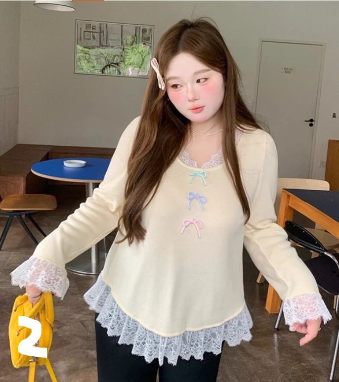 حجم كبير كم طويل الحلو الدانتيل الربط طاقم الرقبة محبوك سترة ربيع الخريف موضة تنوعا الحد من العمر سترة صفراء #2