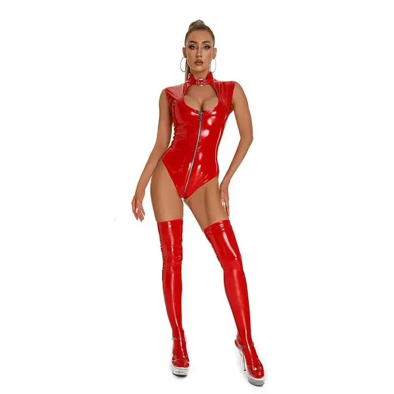 

Womens Zipper Crotch Tight Open Chest Hollow Out Patent Leather Bodysuit Party Cosplay Clubwear Wet Look Stand Collar Catsuit