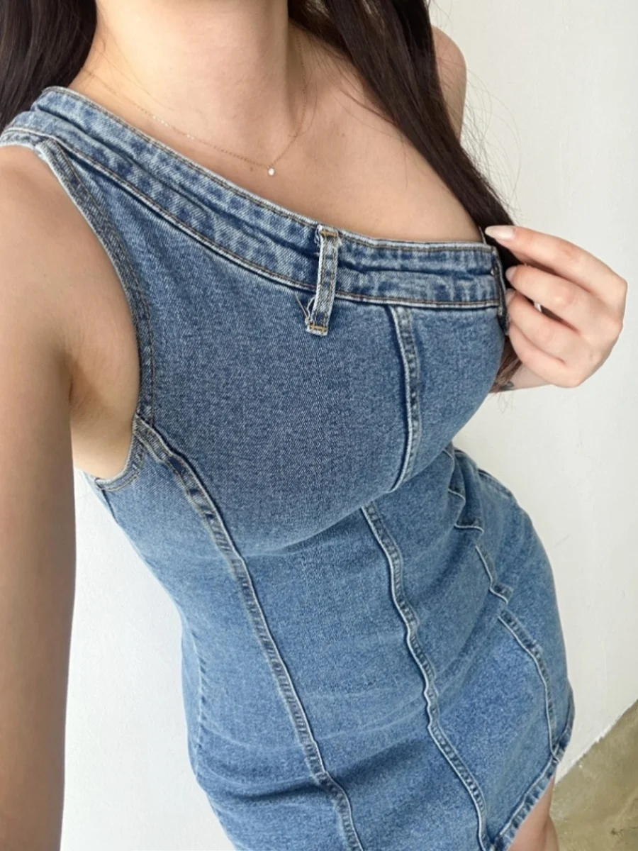 2024年夏 レディース デニム スリムフィット ショートスカートワンピース アシンメトリー ハイウエスト セクシー ラップアラウンド 高品質 通勤スタイル