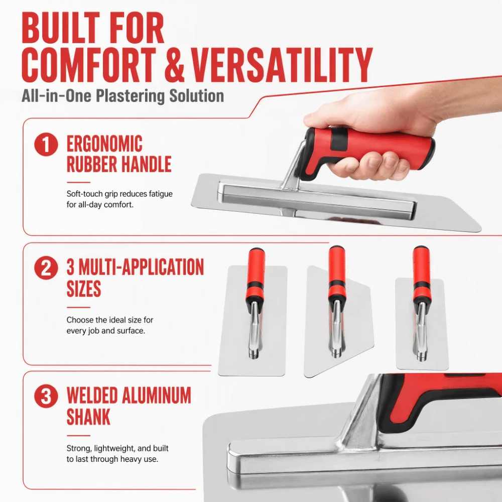 3pcs Polished Finishing Trowel Set Stainless Steel Rubber Handle Plastering Trowel Set Ergonomic Handles Paint Plastering Tool