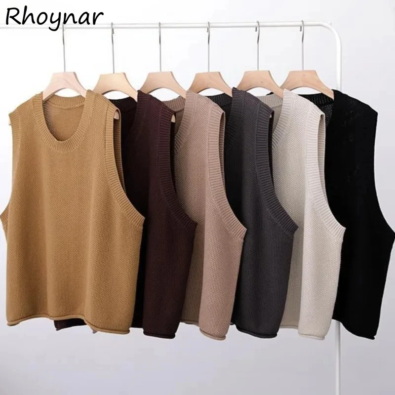 

Solid Loose Sweater Vests Women O-neck All-match Simple Knitted Spring Autumn Tops Chic Popular Female Outerwear Literary Baggy