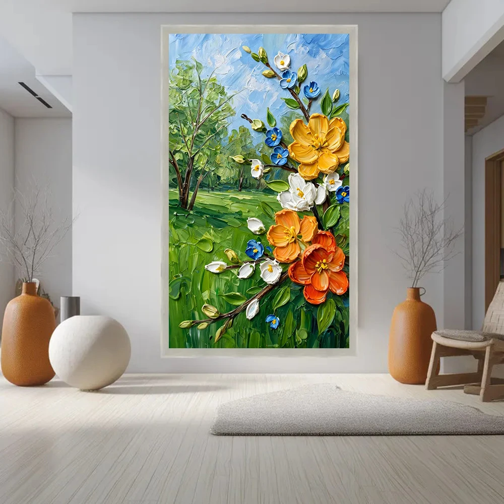 Large-sized frameless canvas paintings,Spring Flower Canvas Wall Art Colorful Floral Landscape Painting Print Vintage Garden Nat