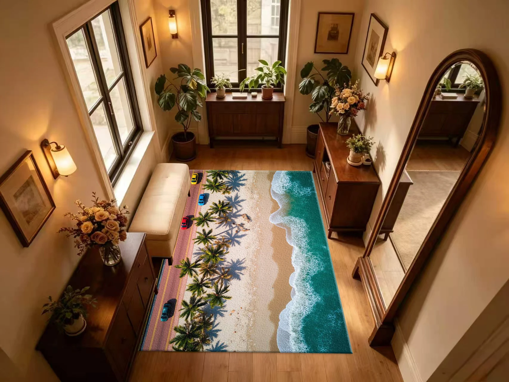 Aerial Tropical Beach Palm Tree Scenery Carpet Flooring Ocean Wave Seaside Coastal Landscape Household Indoor Decor Floor Rug